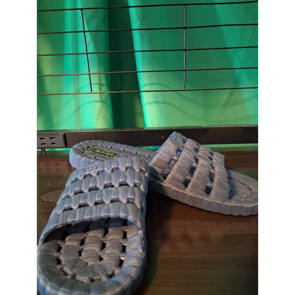 Men blue straw Tecs relaxing slides water safe woven style upper and drainage